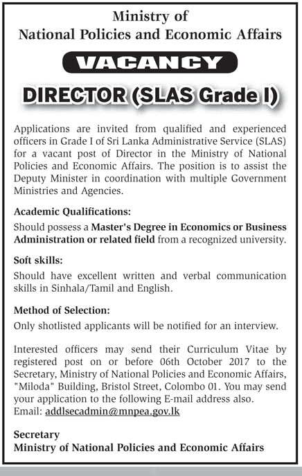 Director (SLAS Grade I) - Ministry of National Policies & Economic Affairs